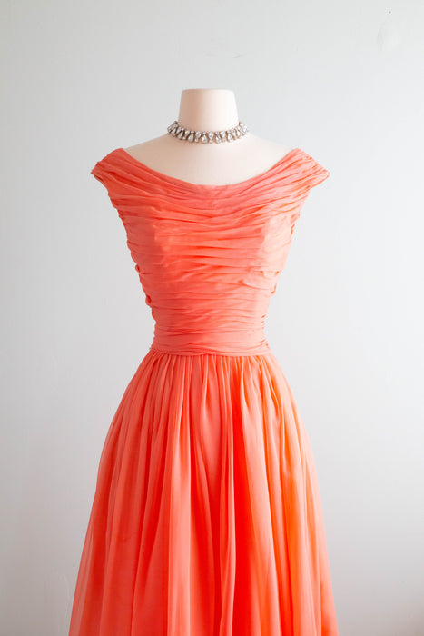 Stunning Late 1950's Silk Chiffon Party Dress In Coral Splendor / Medium