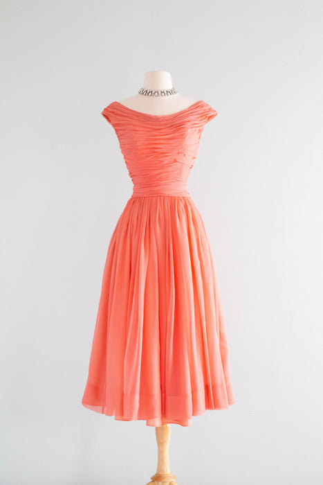 Stunning Late 1950's Silk Chiffon Party Dress In Coral Splendor / Medi – Xtabay Vintage