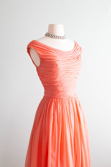 Stunning Late 1950's Silk Chiffon Party Dress In Coral Splendor / Medium