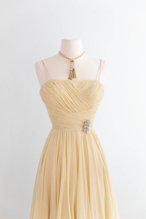 Beautiful Late 1950's Silk Chiffon Party Dress By Helga in Butter Yellow / XS