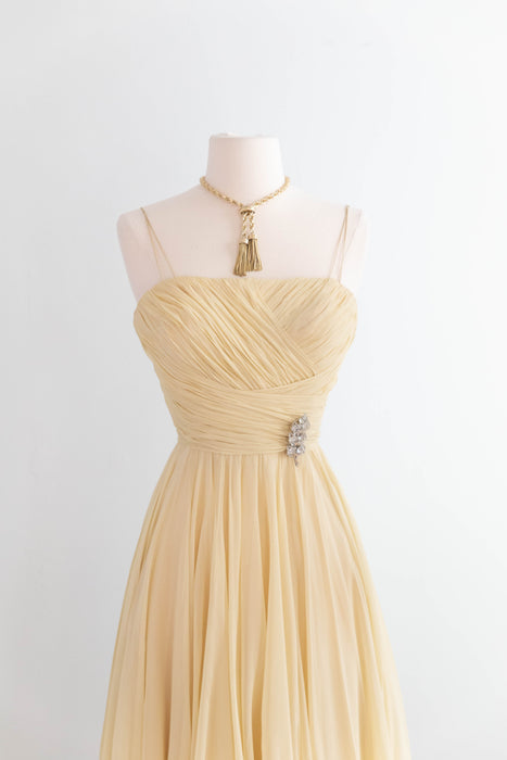 Beautiful Late 1950's Silk Chiffon Party Dress By Helga in Butter Yellow / XS