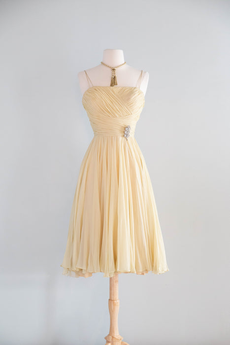 Beautiful Late 1950's Silk Chiffon Party Dress By Helga in Butter Yellow / XS