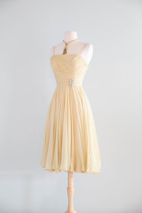 Beautiful Late 1950's Silk Chiffon Party Dress By Helga in Butter Yellow / XS