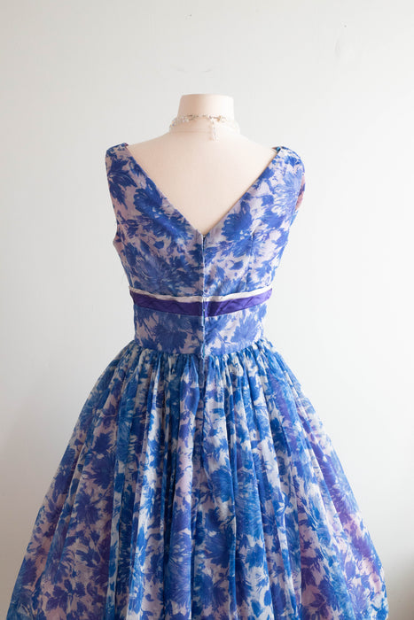 Beautiful 1960's Blue Floral Chiffon Cupcake Party Dress / SM