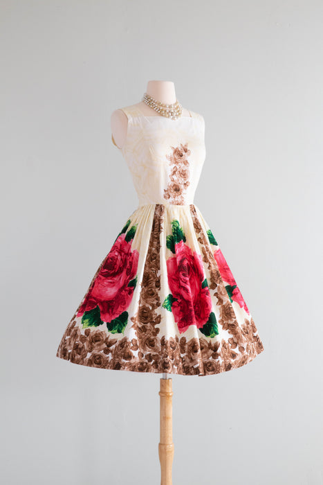 Iconic Don Loper Early 1960's Cotton Rose Print Dress / Small