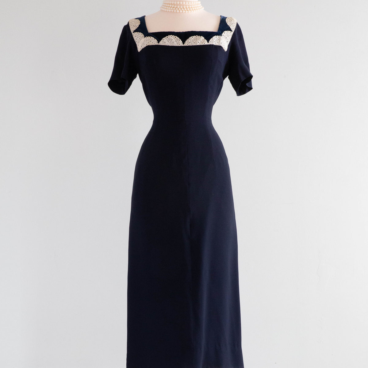 Elegant 1950's Howard Greer Navy Blue Wiggle Dress With Accents