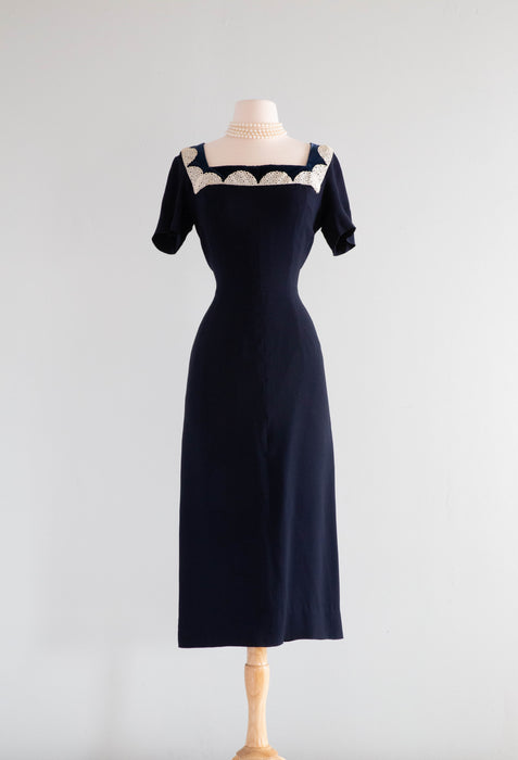 Elegant 1950's Howard Greer Navy Blue Wiggle Dress With Accents / ML Xtabay Vintage Elegant 1950's Howard Greer Navy Blue Wiggle Dress With Accents / ML Xtabay Vintage