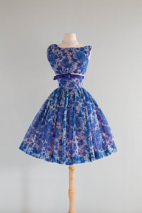 Beautiful 1960's Blue Floral Chiffon Cupcake Party Dress / SM Xtabay Vintage Beautiful 1960's Blue Floral Chiffon Cupcake Party Dress / SM Xtabay Vintage