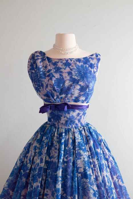 Beautiful 1960's Blue Floral Chiffon Cupcake Party Dress / SM