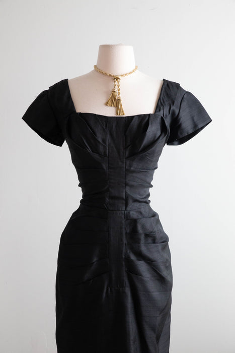 Gorgeous 1950's Don Loper Black Silk Hourglass Silhouette Cocktail Dress / SM