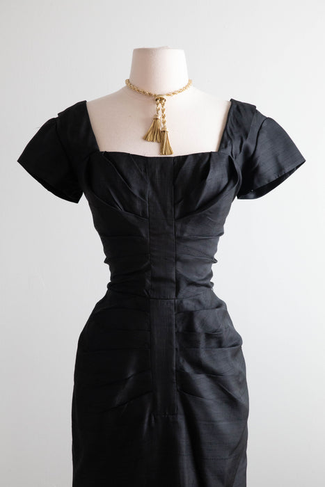 Gorgeous 1950's Don Loper Black Silk Hourglass Silhouette Cocktail Dress / SM