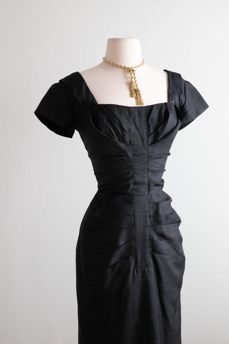 Gorgeous 1950's Don Loper Black Silk Hourglass Silhouette Cocktail Dress / SM