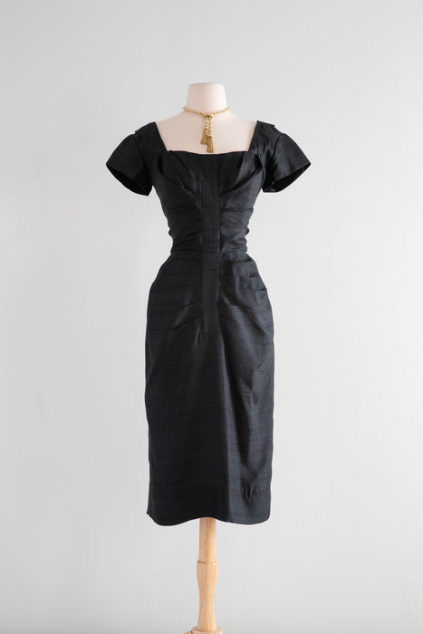 Gorgeous 1950's Don Loper Black Silk Hourglass Silhouette Cocktail Dress / SM