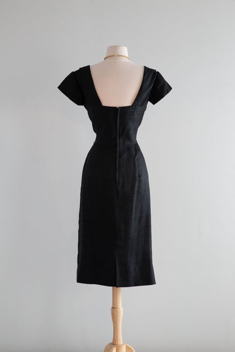 Gorgeous 1950's Don Loper Black Silk Hourglass Silhouette Cocktail Dress / SM