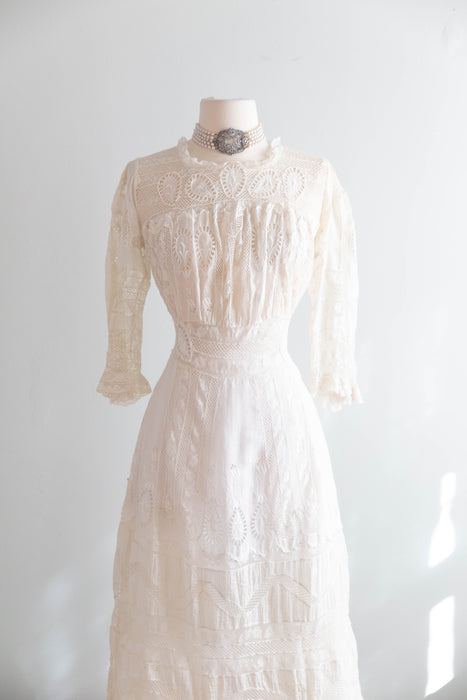Extraordinary Edwardian Cotton Lawn Ceremony Gown With Intricate Embroidery and Lace / SM