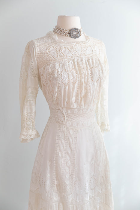 Extraordinary Edwardian Cotton Lawn Ceremony Gown With Intricate Embroidery and Lace / SM