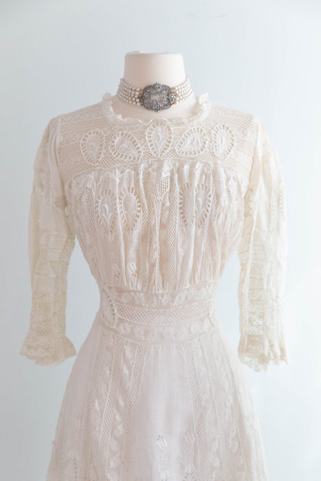 Extraordinary Edwardian Cotton Lawn Ceremony Gown With Intricate Embroidery and Lace / SM