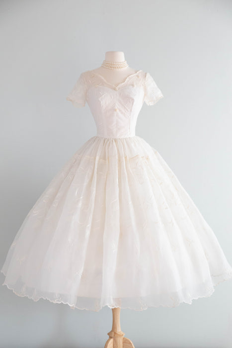 Dreamy 1950's Embroidered Cotton Organdy Tea Length Wedding Dress / S