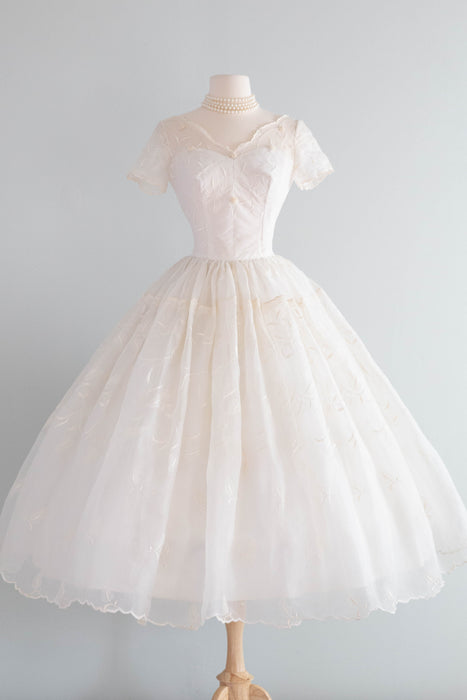 Dreamy 1950's Embroidered Cotton Organdy Tea Length Wedding Dress / S