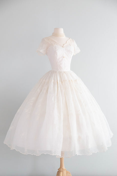 Dreamy 1950's Embroidered Cotton Organdy Tea Length Wedding Dress / S