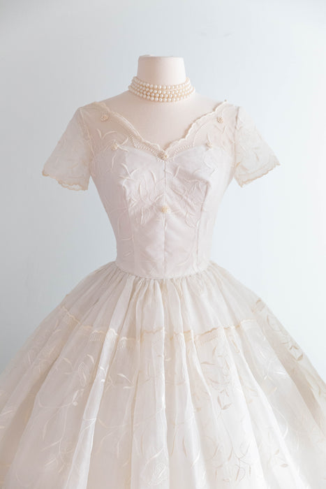 Dreamy 1950's Embroidered Cotton Organdy Tea Length Wedding Dress / S