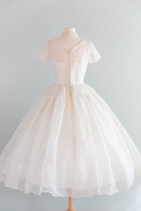 Dreamy 1950's Embroidered Cotton Organdy Tea Length Wedding Dress / S