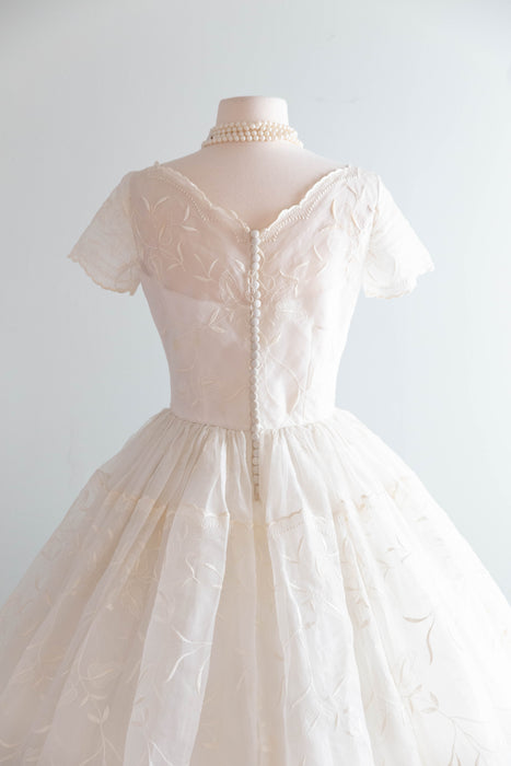 Dreamy 1950's Embroidered Cotton Organdy Tea Length Wedding Dress / S