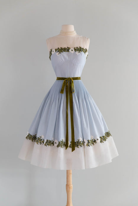 Absolutely Beautiful 1950's Embroidered Cotton Party Dress by Carlye / S
