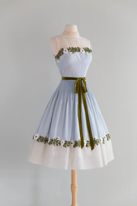 Absolutely Beautiful 1950's Embroidered Cotton Party Dress by Carlye / S