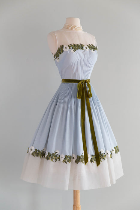 Absolutely Beautiful 1950's Embroidered Cotton Party Dress by Carlye / S