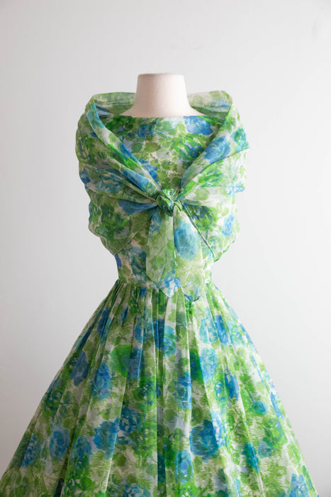 Dreamy Early 1960's Watercolor Floral Chiffon Dress With Shawl / XS