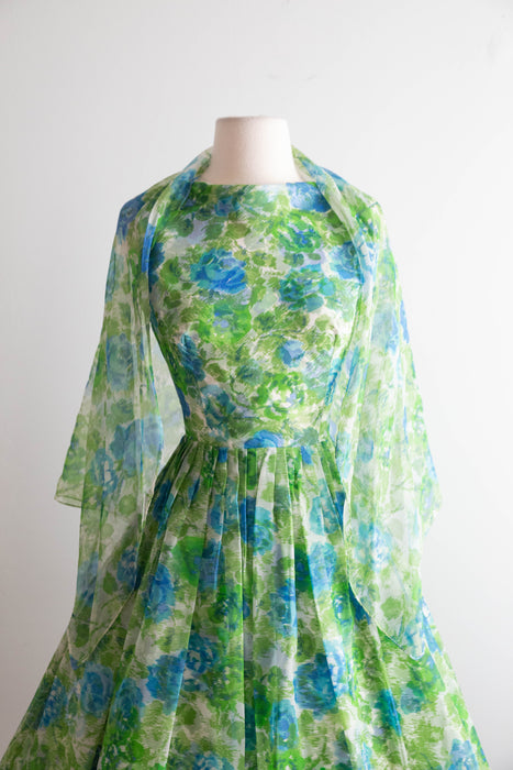 Dreamy Early 1960's Watercolor Floral Chiffon Dress With Shawl / XS