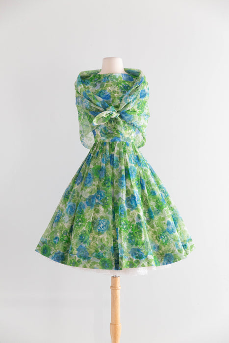 Dreamy Early 1960's Watercolor Floral Chiffon Dress With Shawl / XS