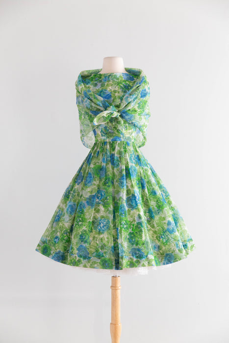 Dreamy Early 1960's Watercolor Floral Chiffon Dress With Shawl / XS