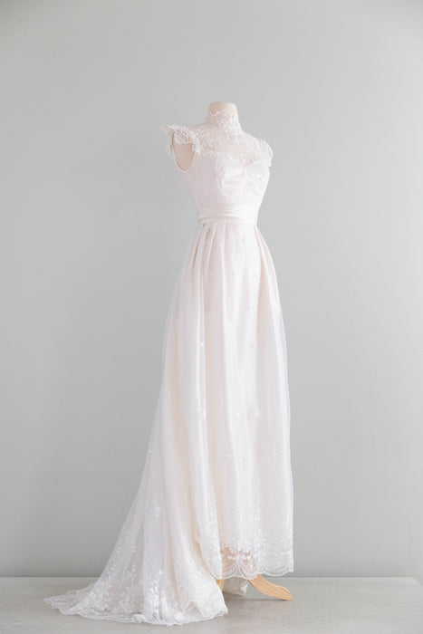 Enchanting 1970's Embroidered Net Wedding Gown By Bianchi / S