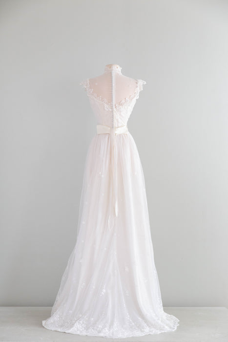 Enchanting 1970's Embroidered Net Wedding Gown By Bianchi / S