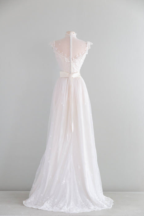 Enchanting 1970's Embroidered Net Wedding Gown By Bianchi / S