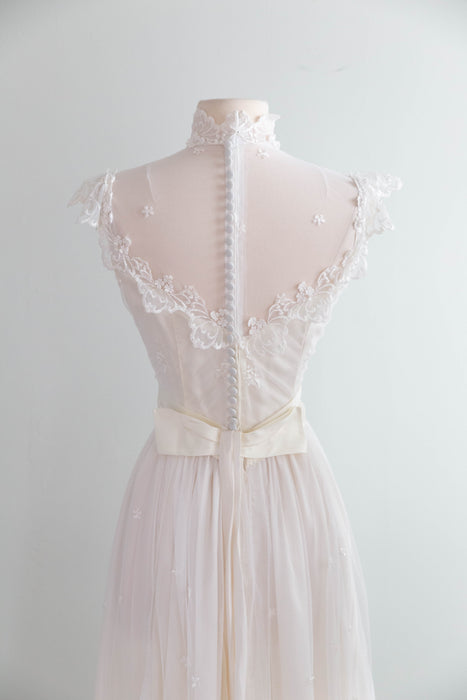 Enchanting 1970's Embroidered Net Wedding Gown By Bianchi / S