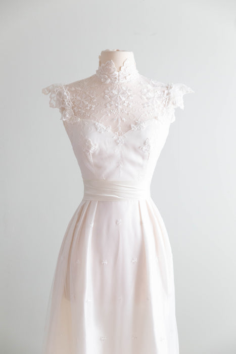 Enchanting 1970's Embroidered Net Wedding Gown By Bianchi / S