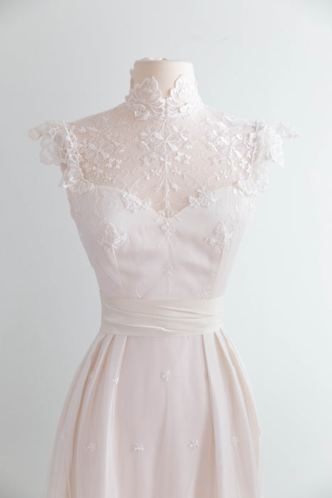 Enchanting 1970's Embroidered Net Wedding Gown By Bianchi / S