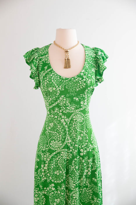 Whimsical 1970's Fern Green Open Back Maxi Dress / SM