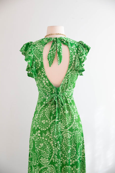 Whimsical 1970's Fern Green Open Back Maxi Dress / SM