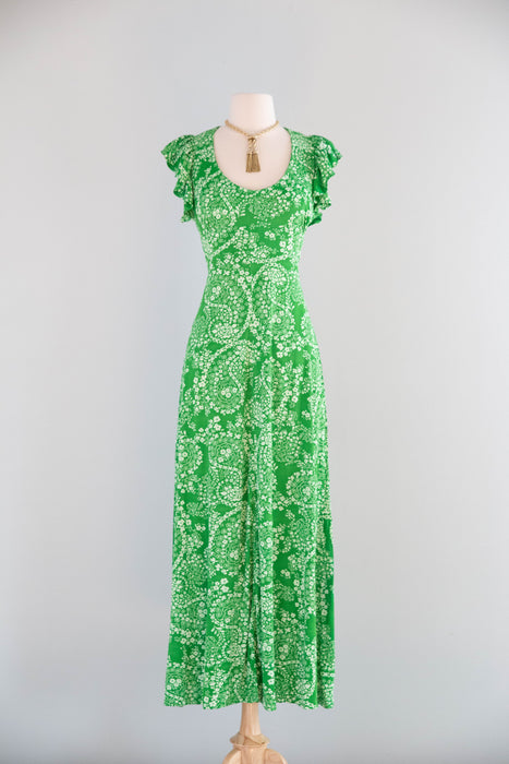 Whimsical 1970's Fern Green Open Back Maxi Dress / SM