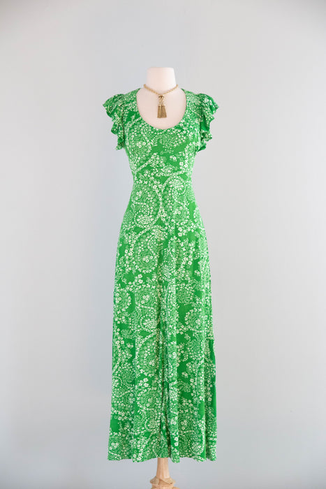 Whimsical 1970's Fern Green Open Back Maxi Dress / SM