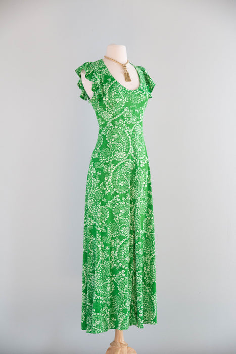 Whimsical 1970's Fern Green Open Back Maxi Dress / SM