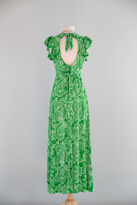 Whimsical 1970's Fern Green Open Back Maxi Dress / SM