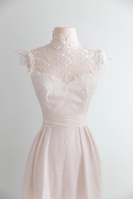 Enchanting 1970's Embroidered Net Wedding Gown By Bianchi / S