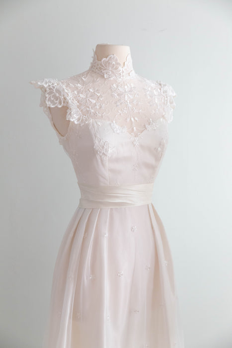 Enchanting 1970's Embroidered Net Wedding Gown By Bianchi / S