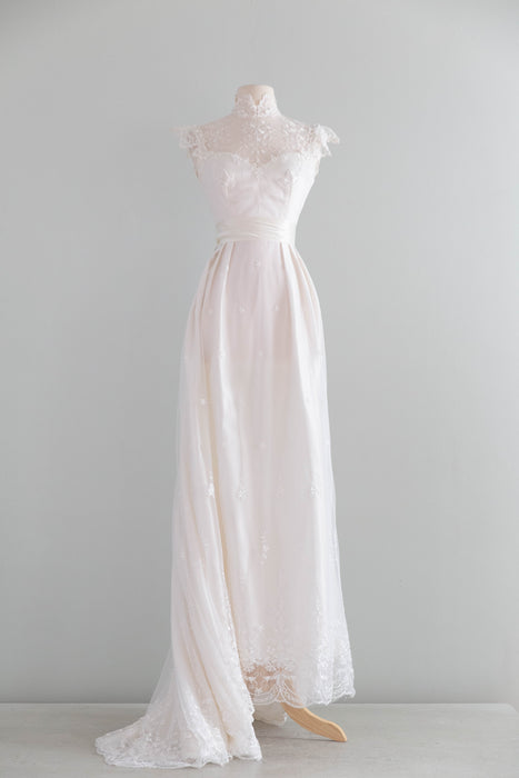 Enchanting 1970's Embroidered Net Wedding Gown By Bianchi / S