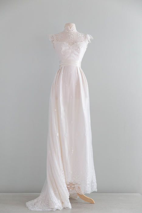Enchanting 1970's Embroidered Net Wedding Gown By Bianchi / S